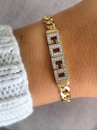 Thick Gold Name Bracelet, Diamond Name Bracelet, CZ Gemstone Letter, Thick Cuban Link Bracelet, Personalized Bracelet, Girlfriend Bracelet