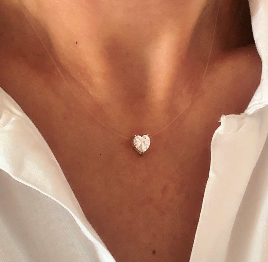 Princess Diamond Necklace, Invisible Necklace with Crystal Heart, Illusion Necklace, Floating Heart Necklace, CZ Necklace, Minimalist
