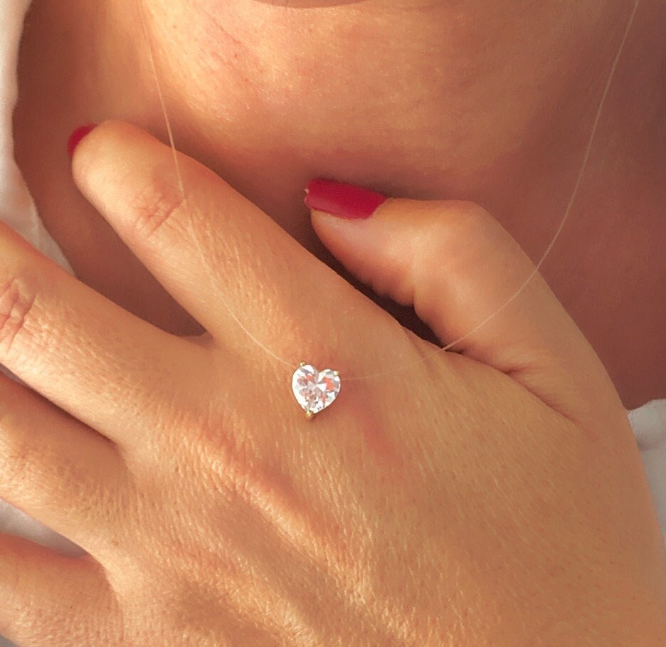 Princess Diamond Necklace, Invisible Necklace with Crystal Heart, Illusion Necklace, Floating Heart Necklace, CZ Necklace, Minimalist