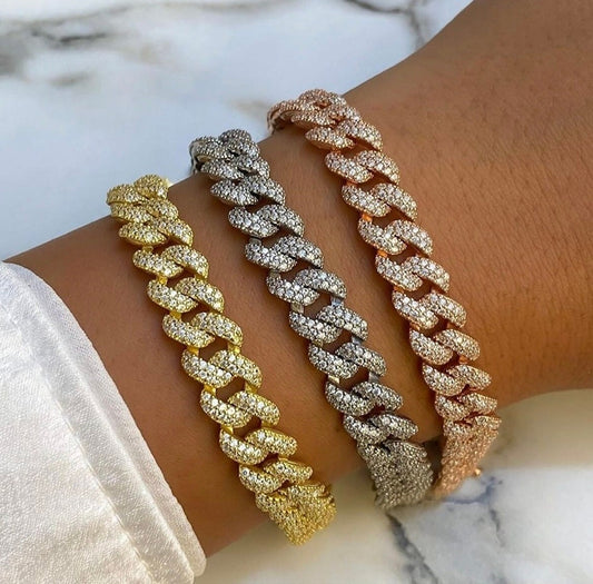 Iced Out Bracelet, Thick Cuban Link Chain Bracelet, Diamond Bracelet ,CZ Bracelet, Cubic Zirconia Bracelet, Stacking Bracelets, 925 Silver