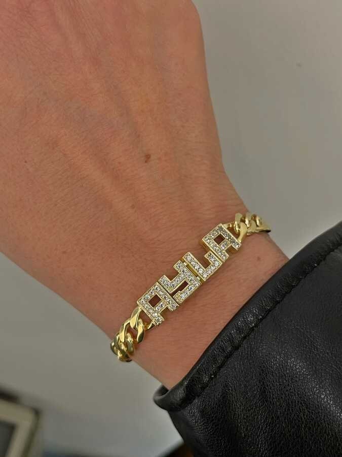 Thick Gold Name Bracelet, Diamond Name Bracelet, CZ Gemstone Letter, Thick Cuban Link Bracelet, Personalized Bracelet, Girlfriend Bracelet