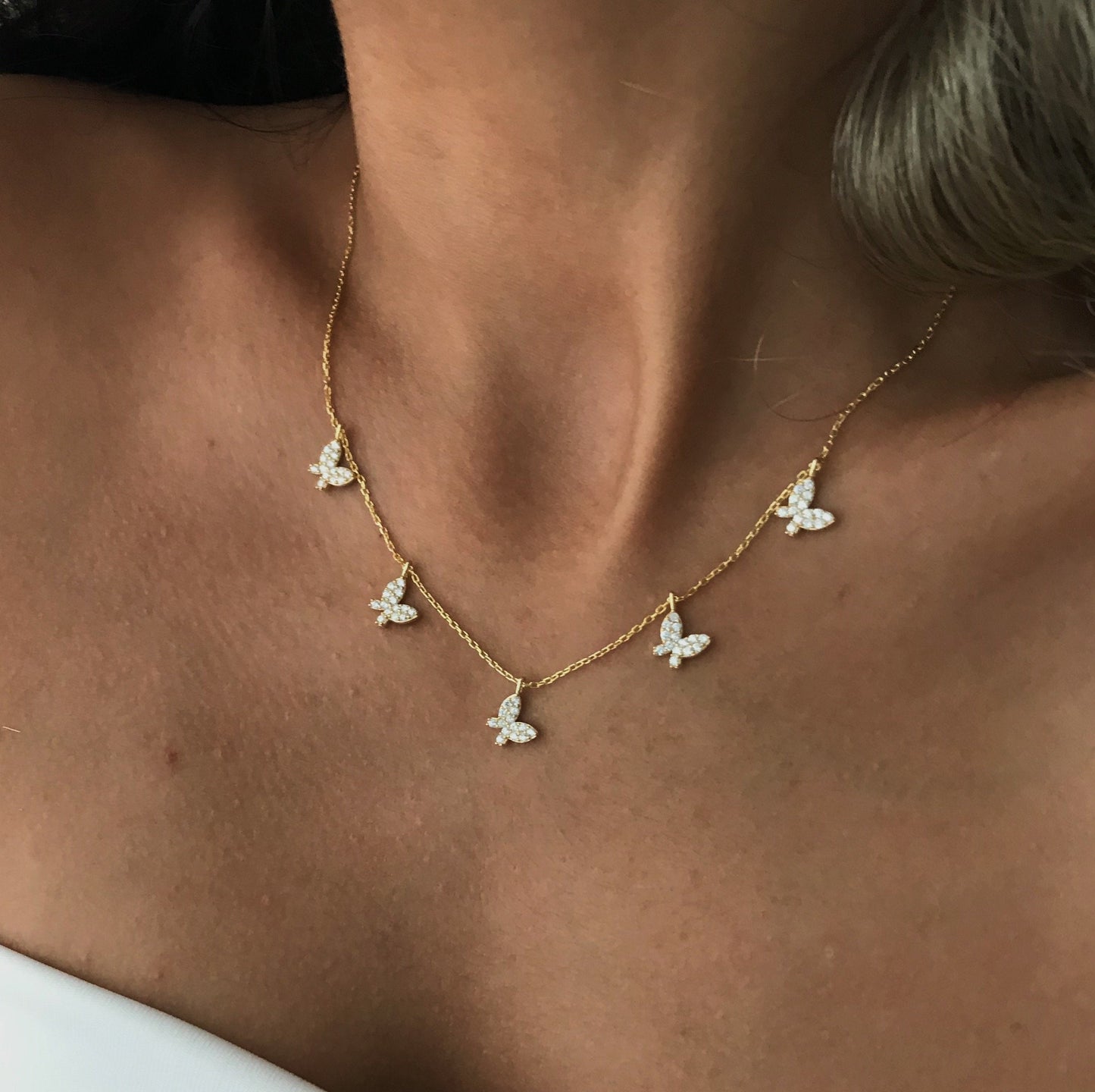 18K Gold Butterfly Necklace, Gemmed Butterfly Necklace, Layering Necklace, Gift for Her, Mothers day Gift, Christmas Gift , Birthday Gift