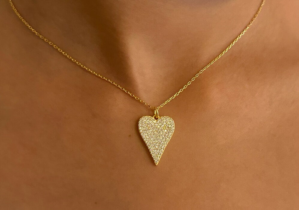 Pave Diamond Heart Necklace, Elongated Pendant Necklace, Love Necklace, Big Heart Necklace, CZ Necklace, Gemstone Necklace, Gift for Mom