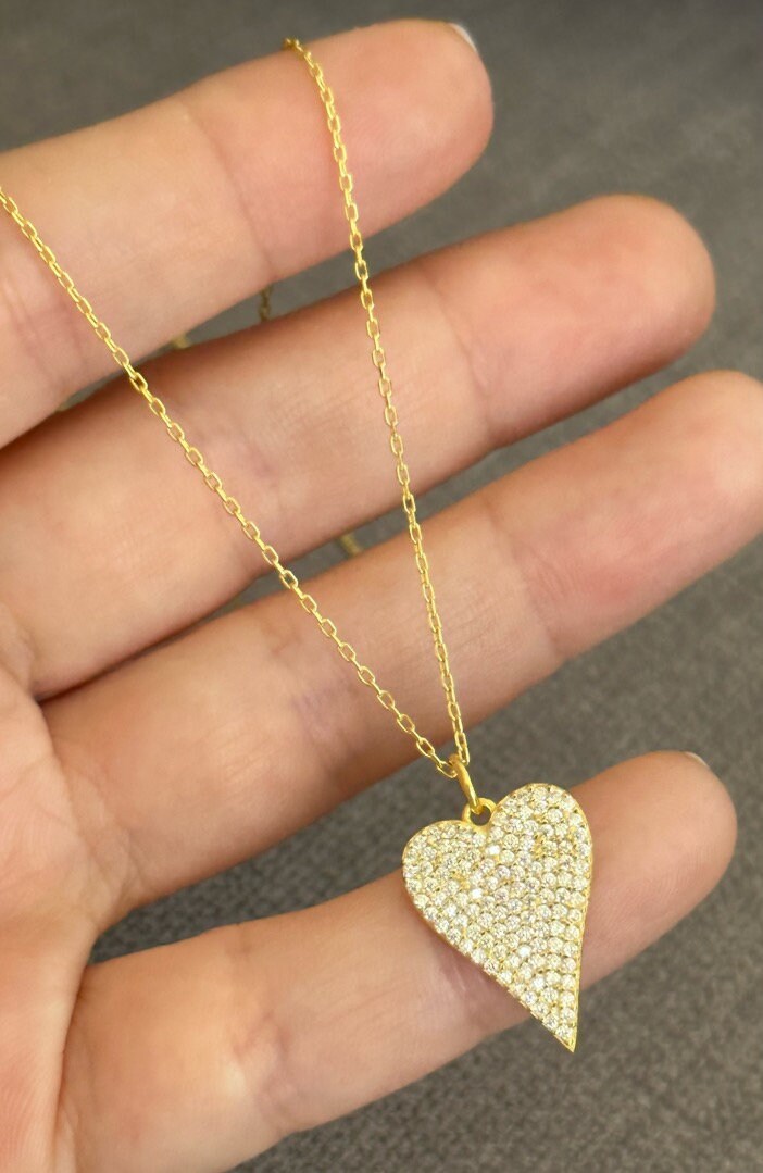 Pave Diamond Heart Necklace, Elongated Pendant Necklace, Love Necklace, Big Heart Necklace, CZ Necklace, Gemstone Necklace, Gift for Mom