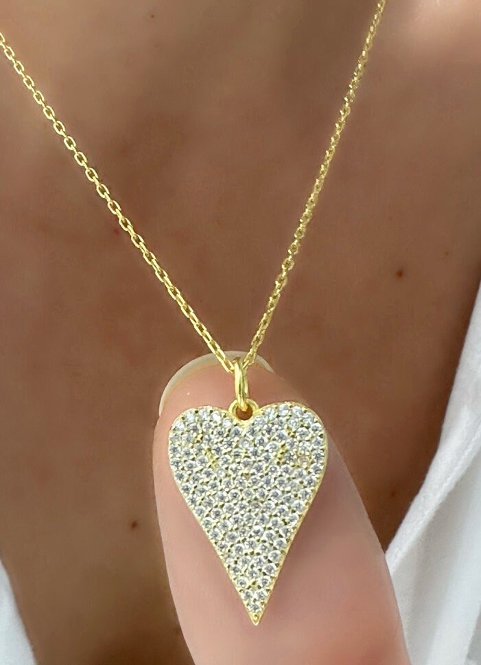 Pave Diamond Heart Necklace, Elongated Pendant Necklace, Love Necklace, Big Heart Necklace, CZ Necklace, Gemstone Necklace, Gift for Mom