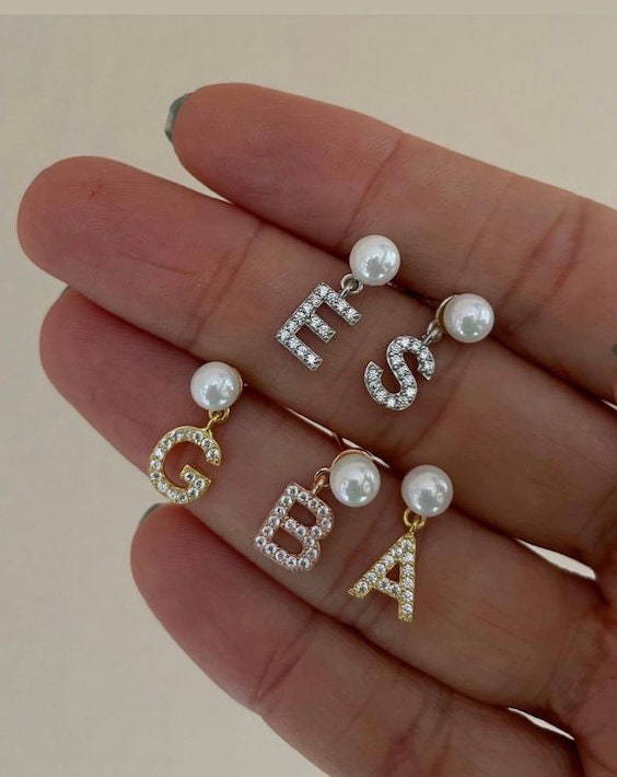 Pearl Earring, Letter Earring, Initial Earring, Pave Earring, CZ Earring, Custom Alphabet Earring, Personalized Gifts, Personalized Jewelry