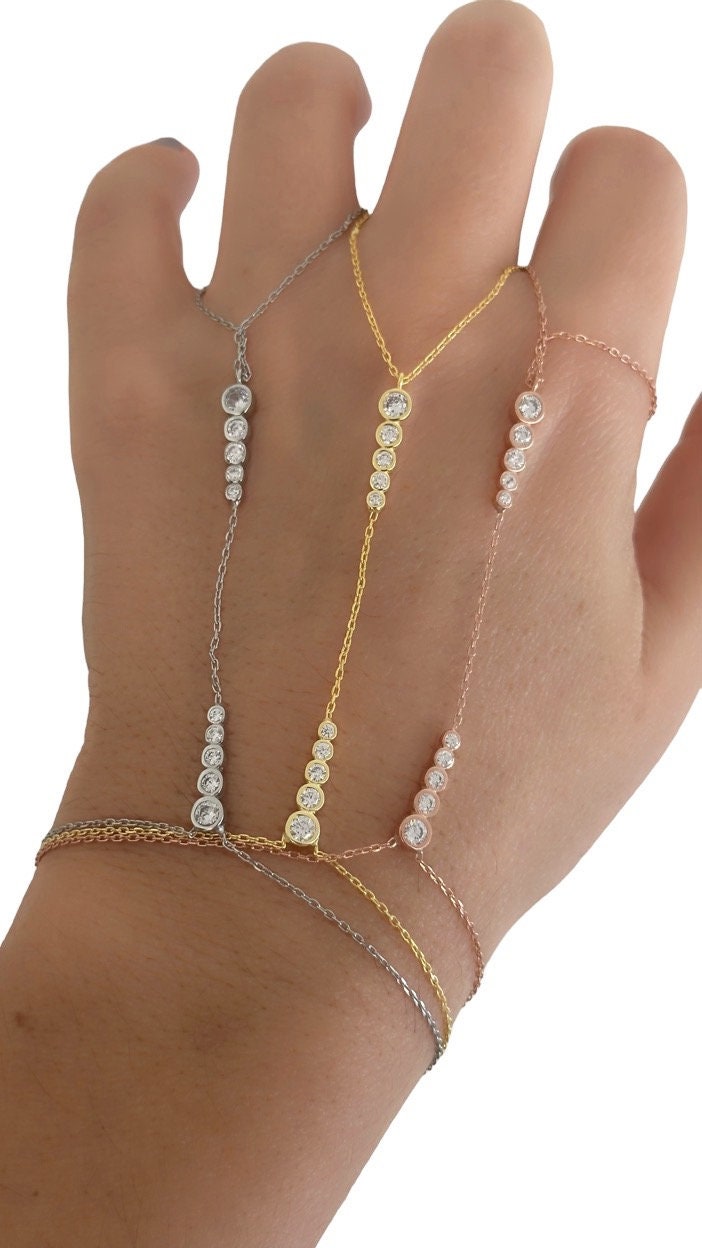 Hand Chain Bracelet, Crystal Slave Bracelet, Diamond Ring Bracelet, CZ Gemstone, Clear Zirconia, 925 Sterling Silver, 14k Gold / Rose Gold