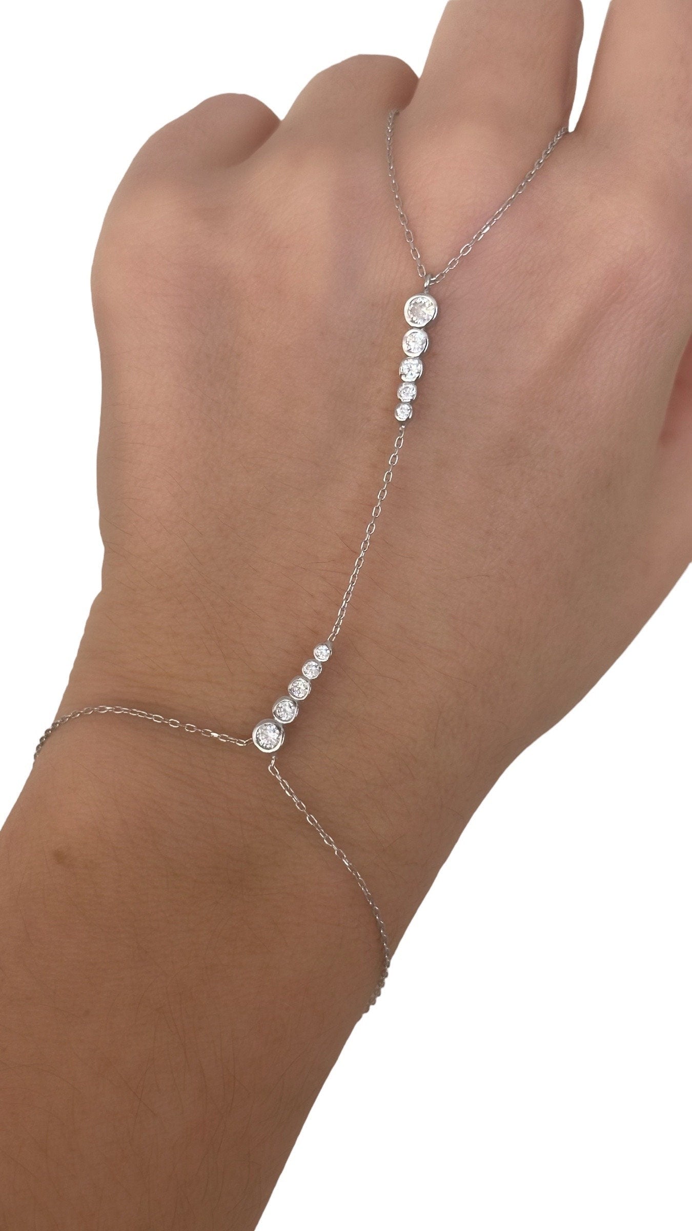 Hand Chain Bracelet, Crystal Slave Bracelet, Diamond Ring Bracelet, CZ Gemstone, Clear Zirconia, 925 Sterling Silver, 14k Gold / Rose Gold