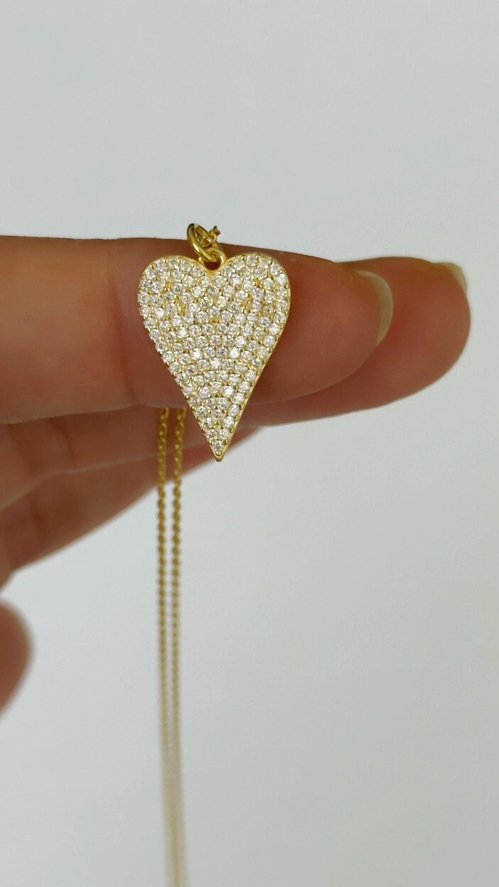 Pave Diamond Heart Necklace, Elongated Pendant Necklace, Love Necklace, Big Heart Necklace, CZ Necklace, Gemstone Necklace, Gift for Mom