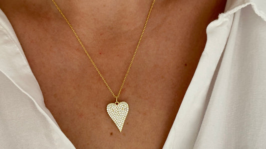 Pave Diamond Heart Necklace, Elongated Pendant Necklace, Love Necklace, Big Heart Necklace, CZ Necklace, Gemstone Necklace, Gift for Mom