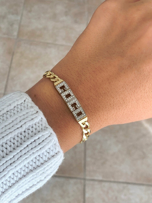 Thick Gold Name Bracelet, Diamond Name Bracelet, CZ Gemstone Letter, Thick Cuban Link Bracelet, Personalized Bracelet, Girlfriend Bracelet