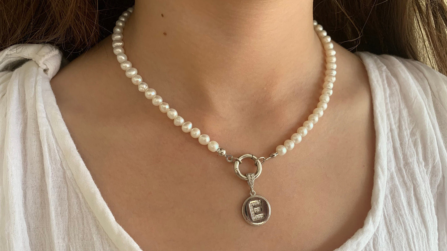 Initial Pearl necklace, Pearl Letter Choker, CZ Gemstone Initial Pendant, Freshwater Pearls, Personalized Gifts, Christmas Girlfriend Gift