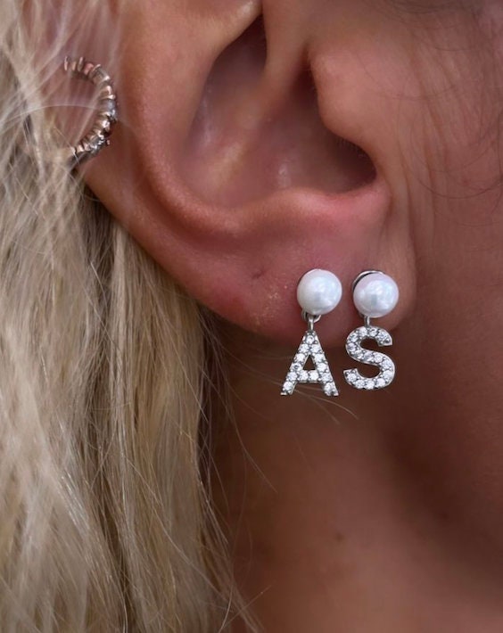 Pearl Earring, Letter Earring, Initial Earring, Pave Earring, CZ Earring, Custom Alphabet Earring, Personalized Gifts, Personalized Jewelry