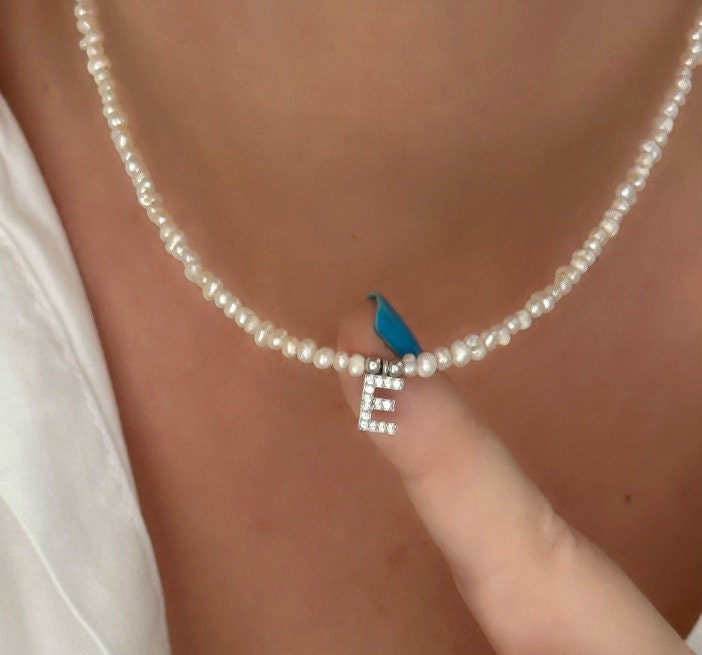 Pearl Initial Letter Necklace Personalized Baby Baroque Pearl Small Pearl Letter Charm Necklace Choker CZ Initials Custom Name Necklace