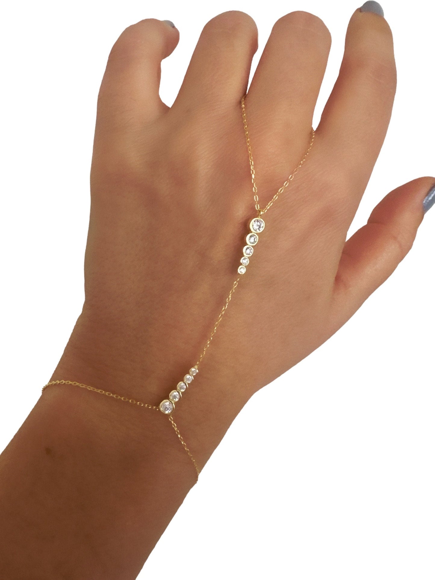 Hand Chain Bracelet, Crystal Slave Bracelet, Diamond Ring Bracelet, CZ Gemstone, Clear Zirconia, 925 Sterling Silver, 14k Gold / Rose Gold