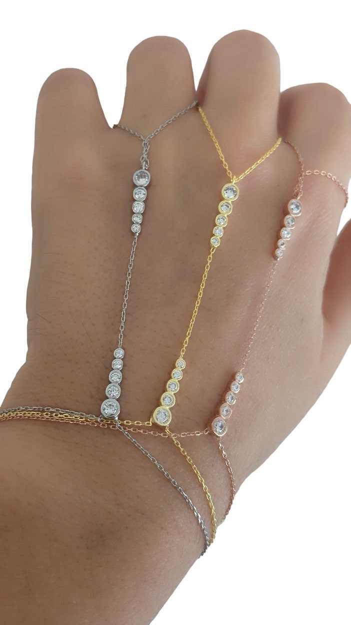 Hand Chain Bracelet, Crystal Slave Bracelet, Diamond Ring Bracelet, CZ Gemstone, Clear Zirconia, 925 Sterling Silver, 14k Gold / Rose Gold