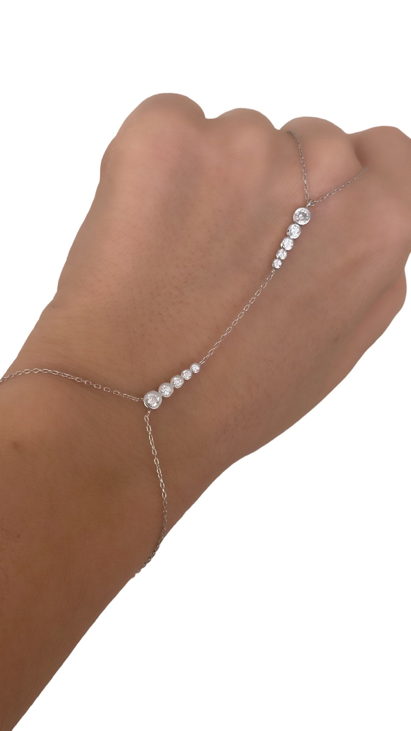 Hand Chain Bracelet, Crystal Slave Bracelet, Diamond Ring Bracelet, CZ Gemstone, Clear Zirconia, 925 Sterling Silver, 14k Gold / Rose Gold