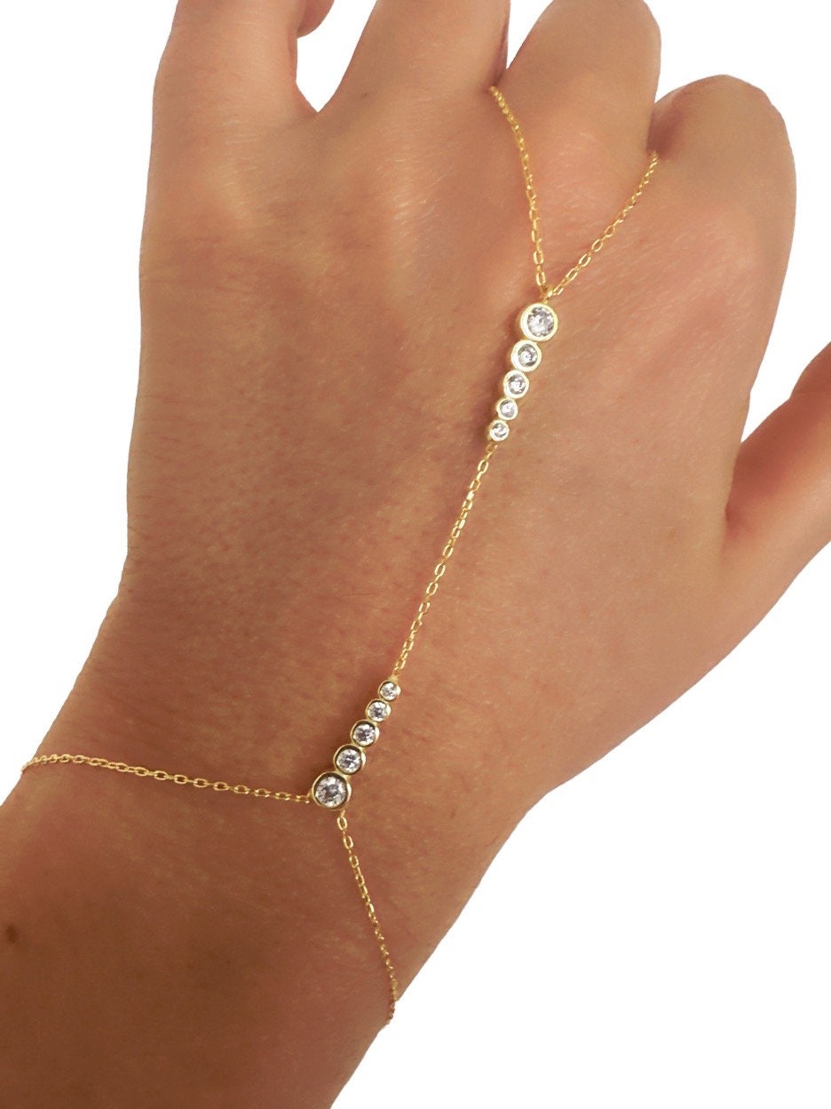 Hand Chain Bracelet, Crystal Slave Bracelet, Diamond Ring Bracelet, CZ Gemstone, Clear Zirconia, 925 Sterling Silver, 14k Gold / Rose Gold