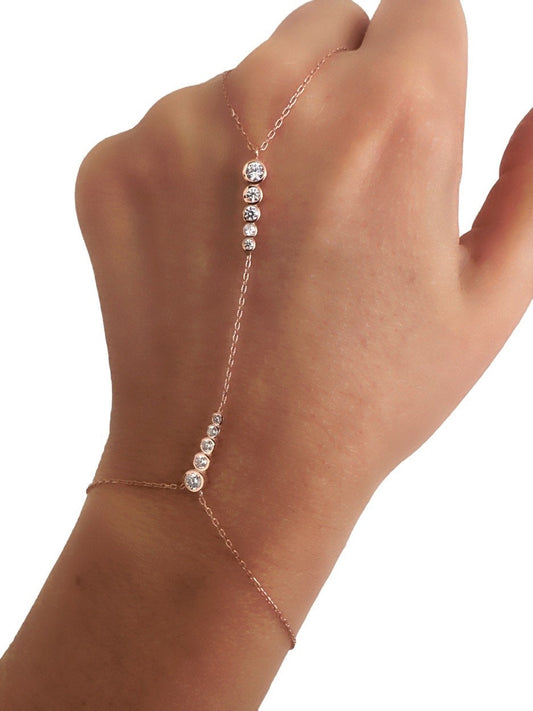Hand Chain Bracelet, Crystal Slave Bracelet, Diamond Ring Bracelet, CZ Gemstone, Clear Zirconia, 925 Sterling Silver, 14k Gold / Rose Gold