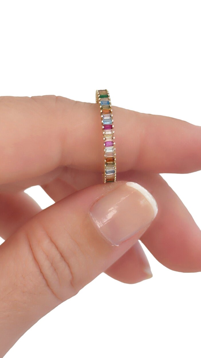 Baguette Ring, CZ Ring, Multi-color Stone Ring, Cubic Zirconia Baguette Ring, Diamond Ring, Crystal Ring, Silver Minimalist Ring, 925 Silver