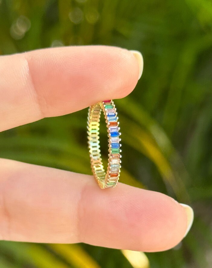 Baguette Ring, CZ Ring, Multi-color Stone Ring, Cubic Zirconia Baguette Ring, Diamond Ring, Crystal Ring, Silver Minimalist Ring, 925 Silver