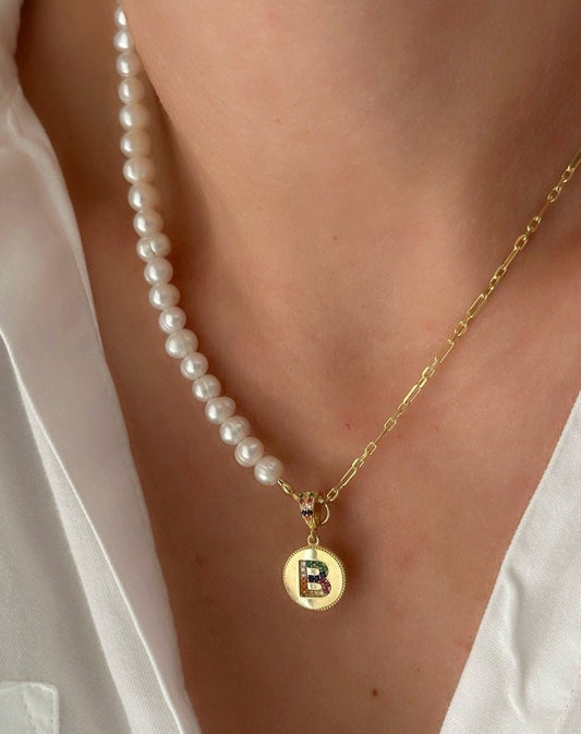 Initial Pearl Necklace, Half Pearl Half Chain, CZ Necklace, Pearl Choker, Personalized Gift, Freshwater Pearl, Christmas gift, 925 Silver