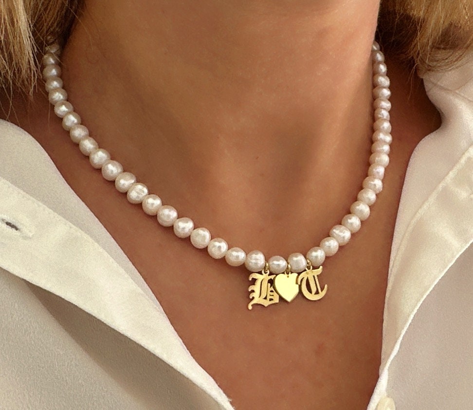 Pearl Necklace, Initial Pearl Necklace, Letter Necklace, Pearl Heart Necklace, Pearl Choker, Personalized Christmas Gifts, 925 Silver