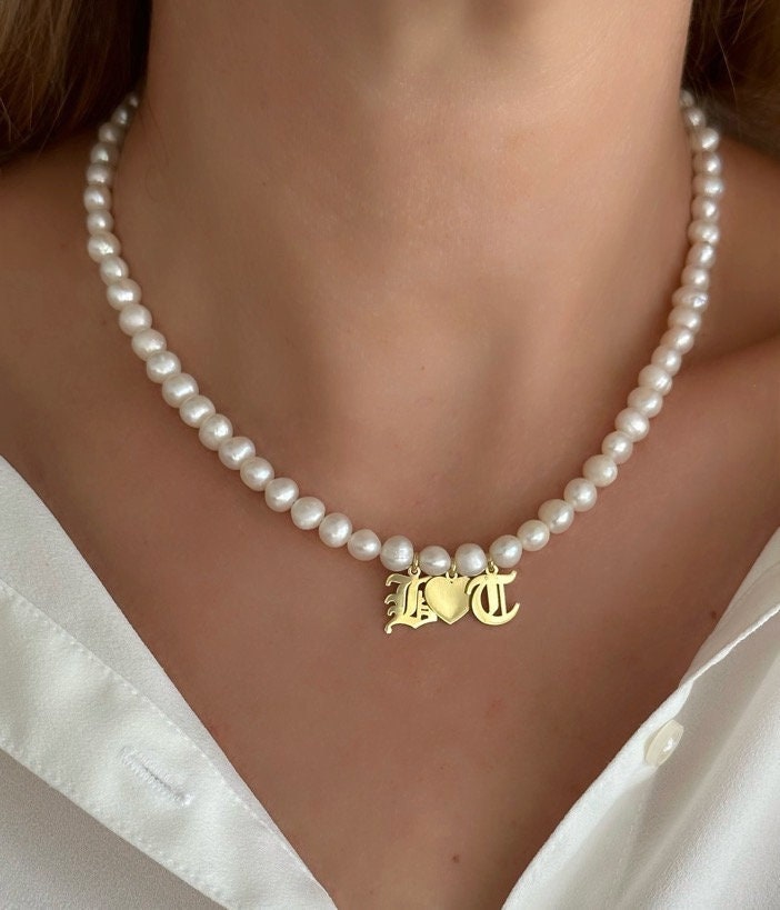 Pearl Necklace, Initial Pearl Necklace, Letter Necklace, Pearl Heart Necklace, Pearl Choker, Personalized Christmas Gifts, 925 Silver