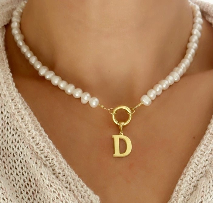 Initial Pearl Necklace, Personalized Pearl Letter Necklace Choker, Pearl Name Necklace, Alphabet Letter Pendants, Pearl Initial Jewelry