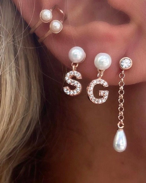 Pearl Earring, Letter Earring, Initial Earring, Pave Earring, CZ Earring, Custom Alphabet Earring, Personalized Gifts, Personalized Jewelry