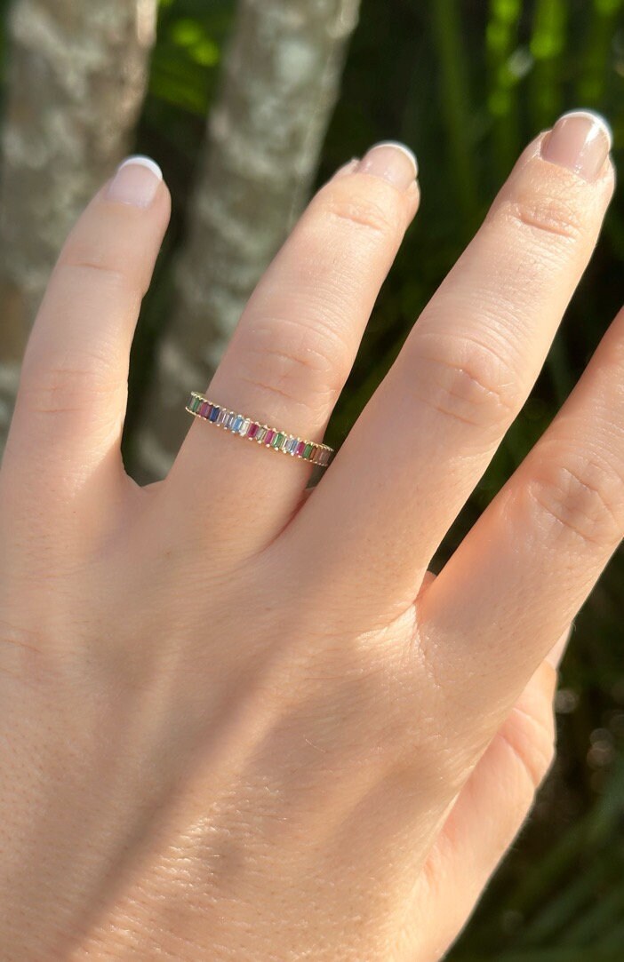 Baguette Ring, CZ Ring, Multi-color Stone Ring, Cubic Zirconia Baguette Ring, Diamond Ring, Crystal Ring, Silver Minimalist Ring, 925 Silver