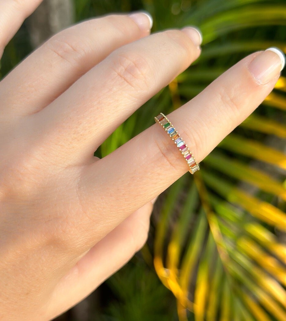 Baguette Ring, CZ Ring, Multi-color Stone Ring, Cubic Zirconia Baguette Ring, Diamond Ring, Crystal Ring, Silver Minimalist Ring, 925 Silver