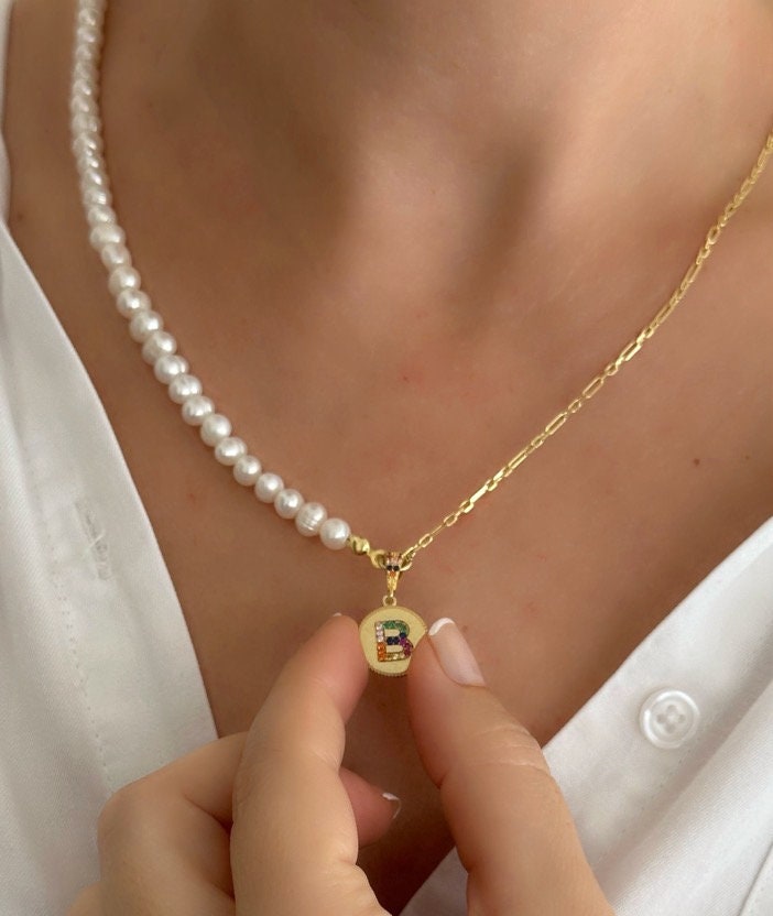 Initial Pearl Necklace, Half Pearl Half Chain, CZ Necklace, Pearl Choker, Personalized Gift, Freshwater Pearl, Christmas gift, 925 Silver