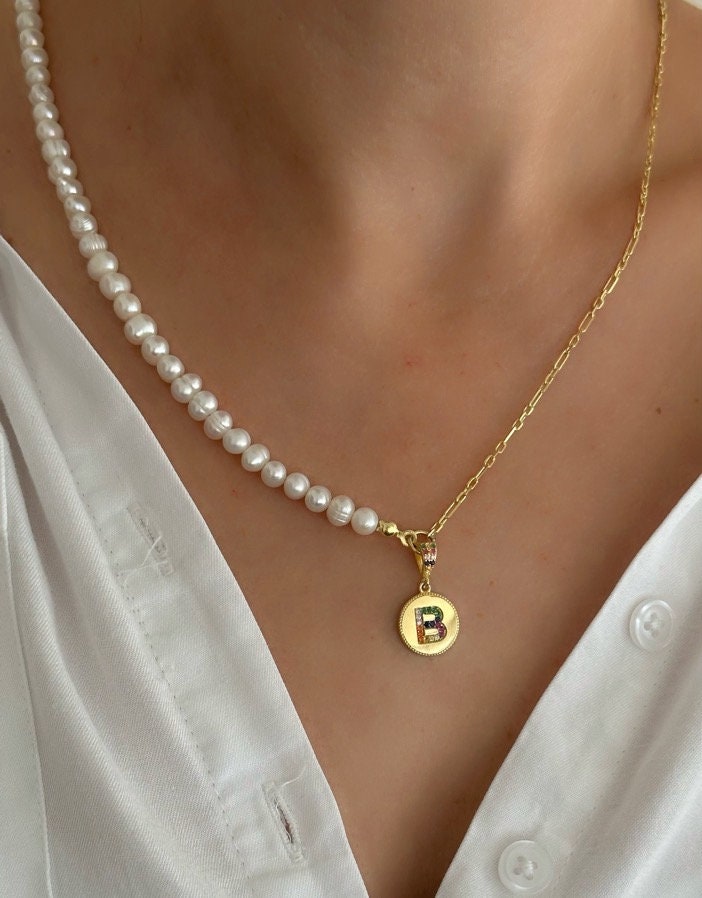 Initial Pearl Necklace, Half Pearl Half Chain, CZ Necklace, Pearl Choker, Personalized Gift, Freshwater Pearl, Christmas gift, 925 Silver