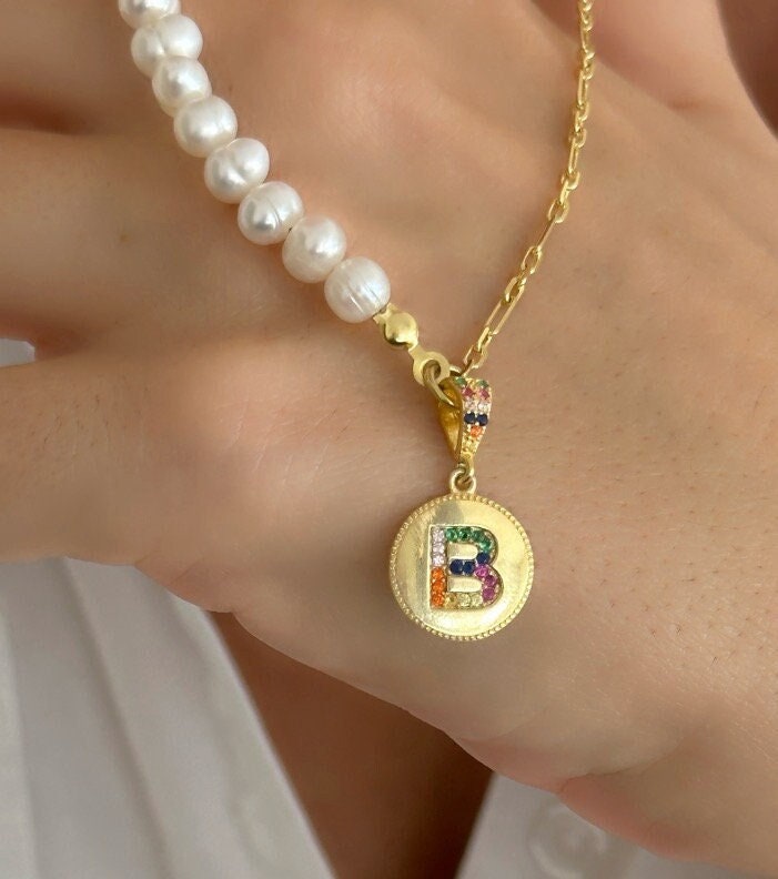 Initial Pearl Necklace, Half Pearl Half Chain, CZ Necklace, Pearl Choker, Personalized Gift, Freshwater Pearl, Christmas gift, 925 Silver