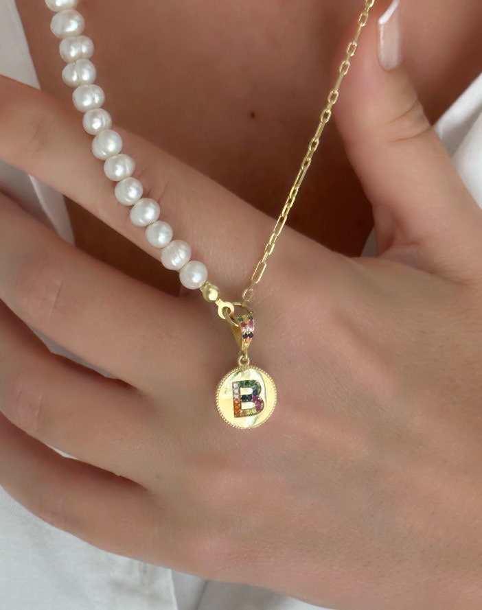 Initial Pearl Necklace, Half Pearl Half Chain, CZ Necklace, Pearl Choker, Personalized Gift, Freshwater Pearl, Christmas gift, 925 Silver