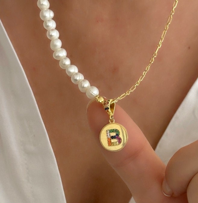 Initial Pearl Necklace, Half Pearl Half Chain, CZ Necklace, Pearl Choker, Personalized Gift, Freshwater Pearl, Christmas gift, 925 Silver