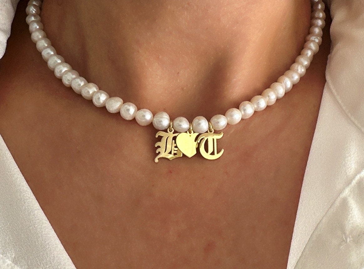 Pearl Necklace, Initial Pearl Necklace, Letter Necklace, Pearl Heart Necklace, Pearl Choker, Personalized Christmas Gifts, 925 Silver