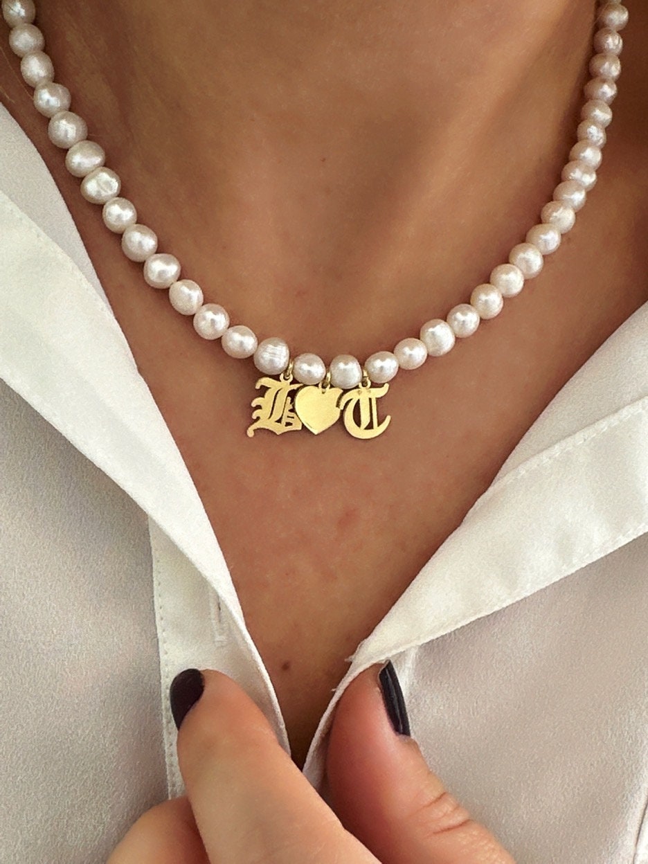 Pearl Necklace, Initial Pearl Necklace, Letter Necklace, Pearl Heart Necklace, Pearl Choker, Personalized Christmas Gifts, 925 Silver