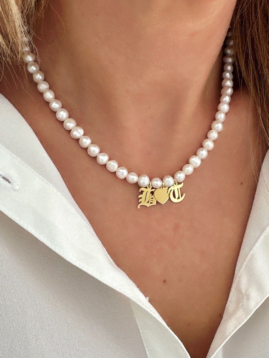 Pearl Necklace, Initial Pearl Necklace, Letter Necklace, Pearl Heart Necklace, Pearl Choker, Personalized Christmas Gifts, 925 Silver