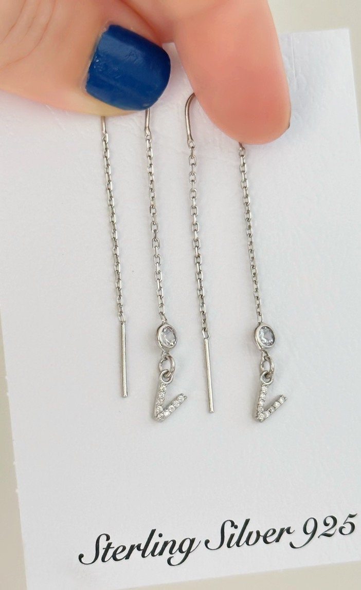 Dangle Initial Gold Earrings, Dainty Letter Minimalist Earrings, Long Chain Earrings,  Zirconia Earrings, Gift for Girlfriend, Birthday Gift