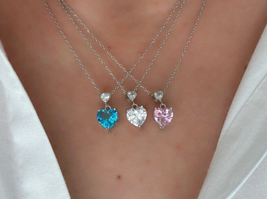 Crystal Heart Necklace, Diamond Necklace, Princess Necklace, Minimalist Necklace, CZ Necklace, Christmas Gift for her, Layering Jewelry