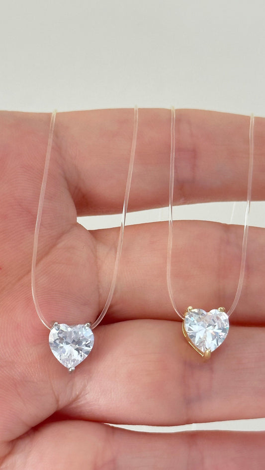 Princess Diamond Necklace, Invisible Necklace with Crystal Heart, Illusion Necklace, Floating Heart Necklace, CZ Necklace, Minimalist