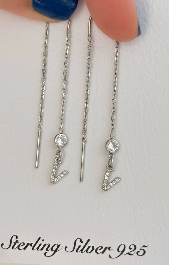 Dangle Initial Gold Earrings, Dainty Letter Minimalist Earrings, Long Chain Earrings,  Zirconia Earrings, Gift for Girlfriend, Birthday Gift