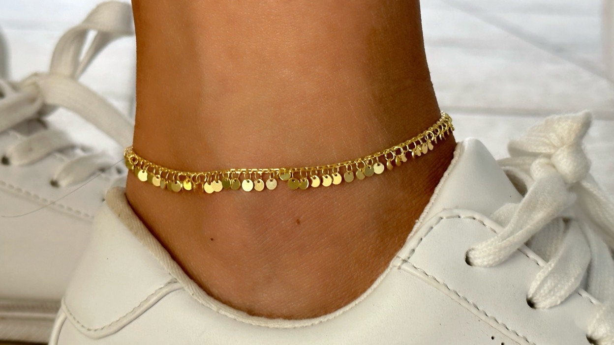 Gold Ankle Bracelet, Trendy Dangle Anklet, Mother's Day Gift, Girlfriend Gift, Summer Anklet, Beach Jewelry, Sterling Silver Chain anklet