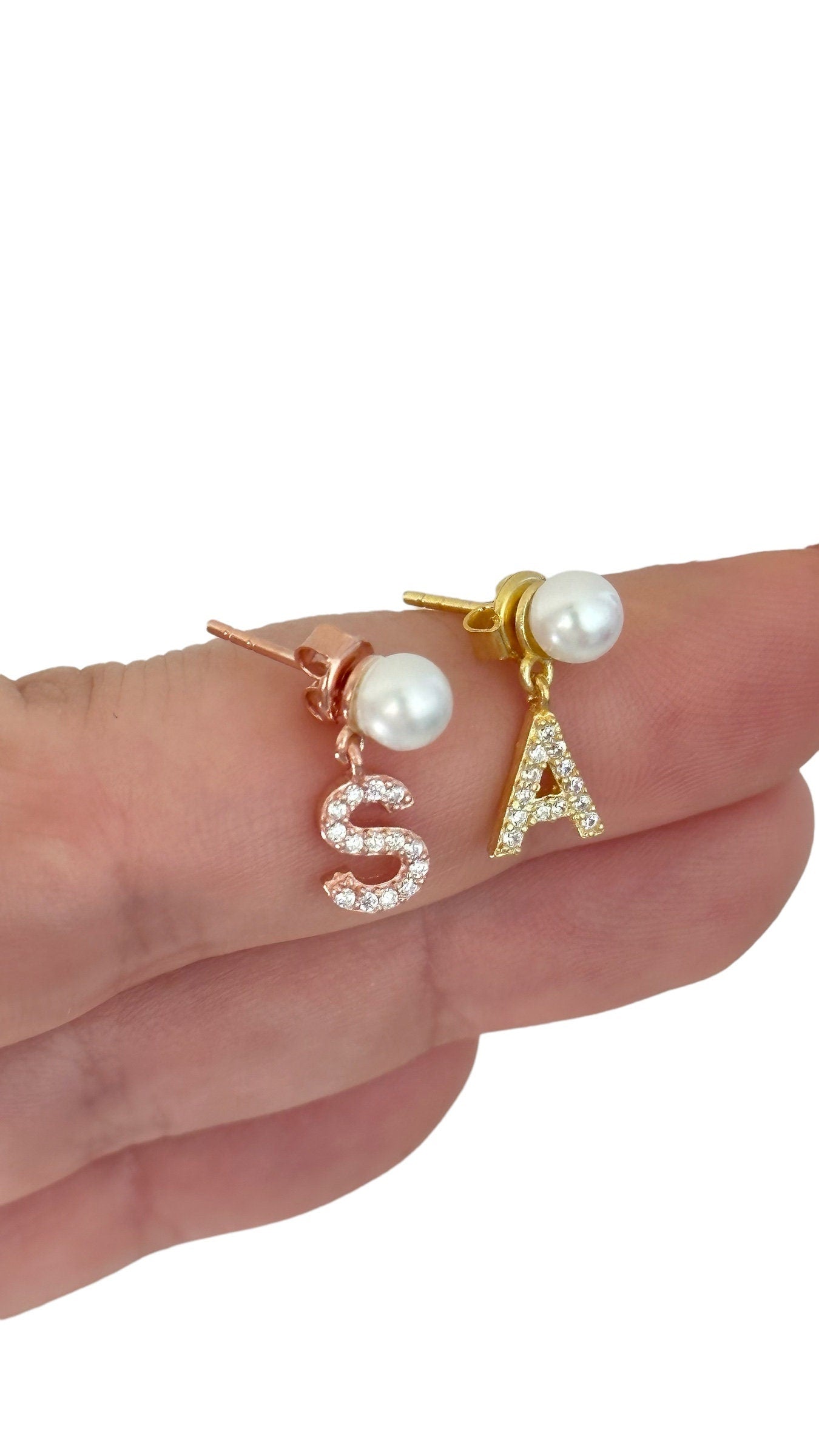 Pearl Earring, Letter Earring, Initial Earring, Pave Earring, CZ Earring, Custom Alphabet Earring, Personalized Gifts, Personalized Jewelry