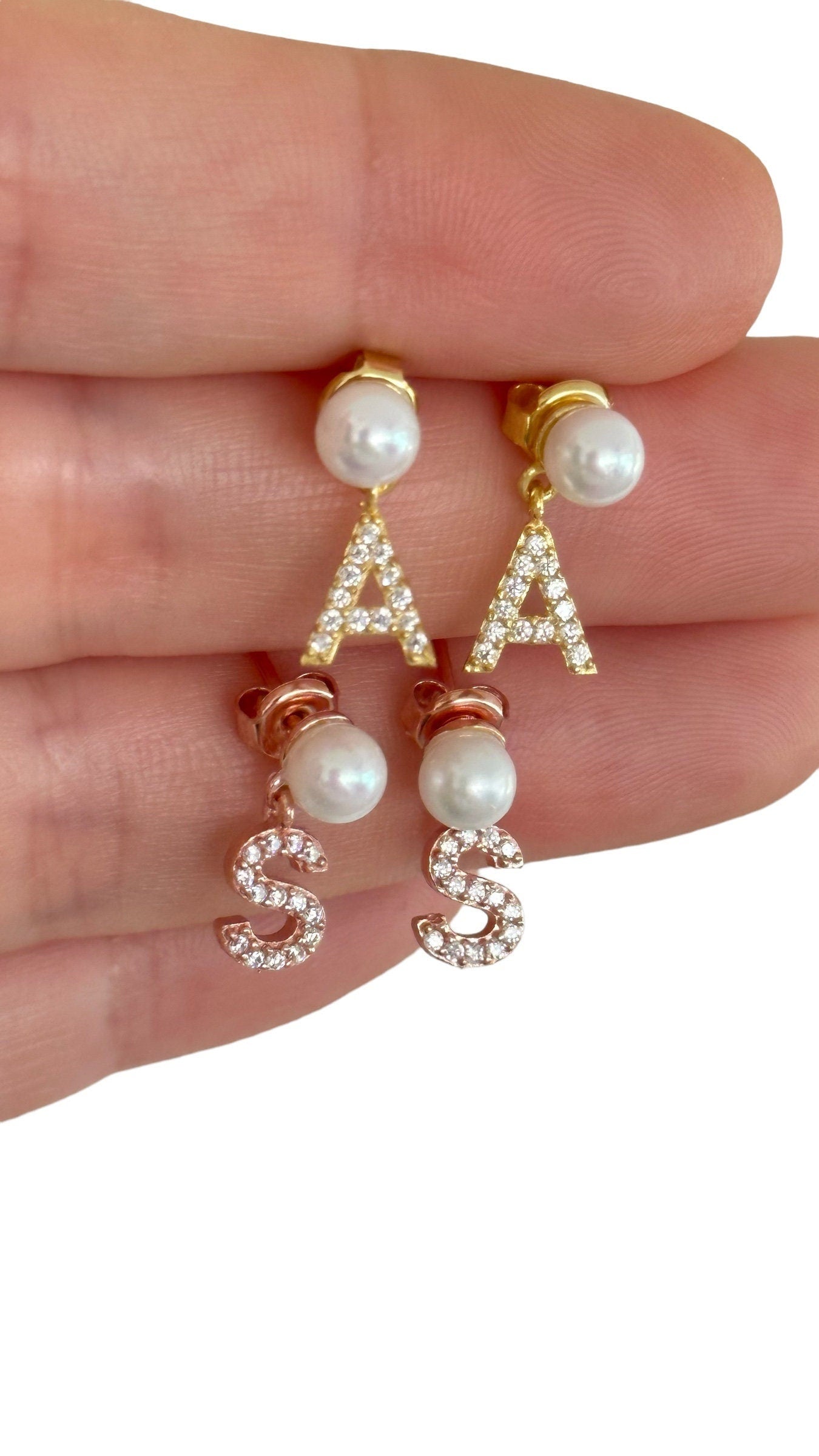 Pearl Earring, Letter Earring, Initial Earring, Pave Earring, CZ Earring, Custom Alphabet Earring, Personalized Gifts, Personalized Jewelry
