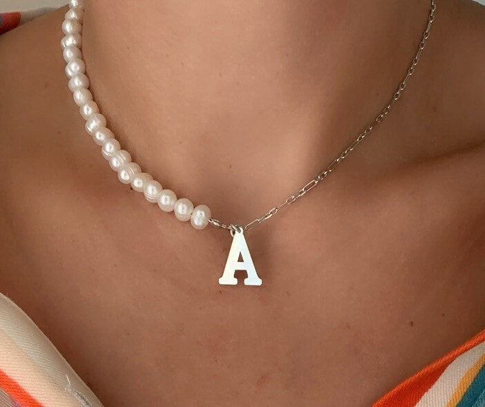 Pearl Name Necklace, Half Pearl Half Chain, Initial Pearl Necklace, Pearl Choker, Personalized Gift, Gift for her, 925 Sterling Silver