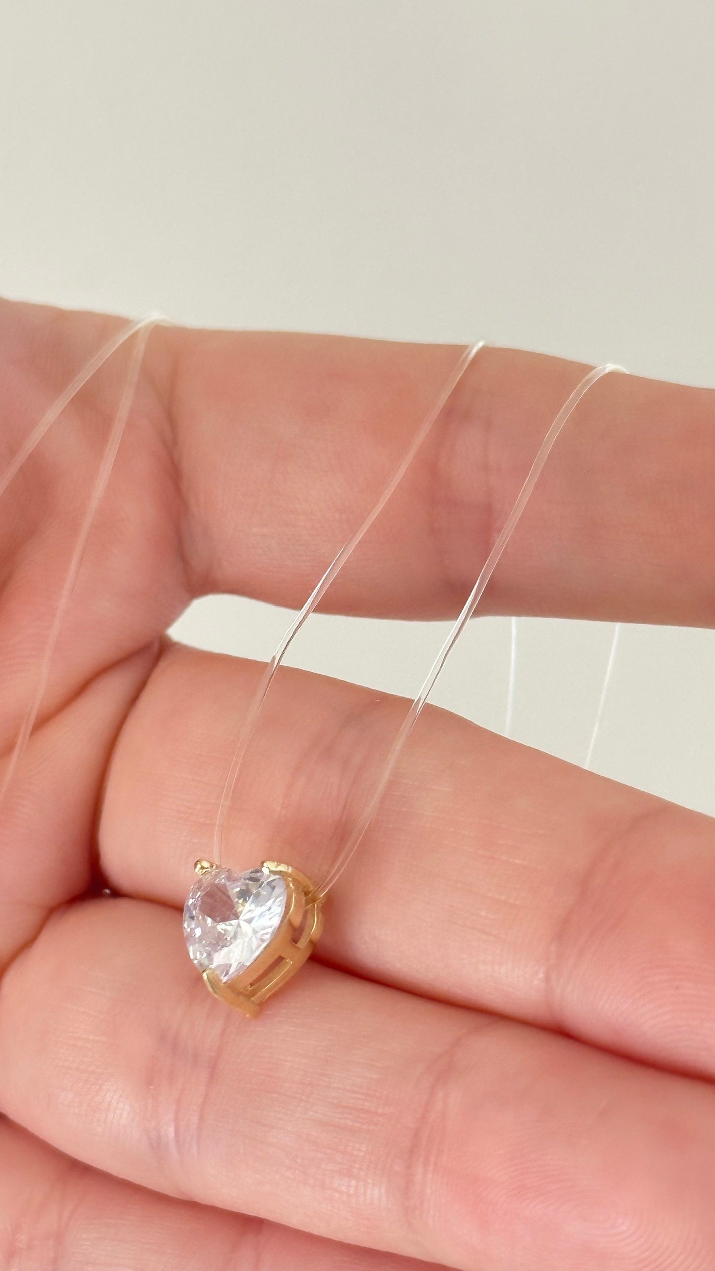 Princess Diamond Necklace, Invisible Necklace with Crystal Heart, Illusion Necklace, Floating Heart Necklace, CZ Necklace, Minimalist