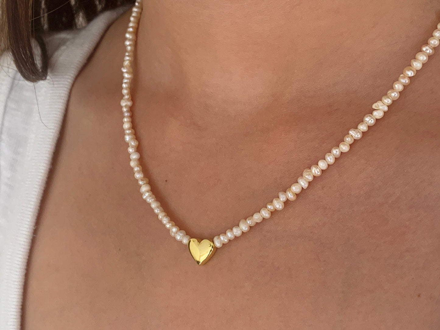 Tiny Freshwater Pearl Necklace Choker, Freshwater Real Small Pearl Strand with Heart, Personalized Custom Jewelry Gift for her, 925 Silver